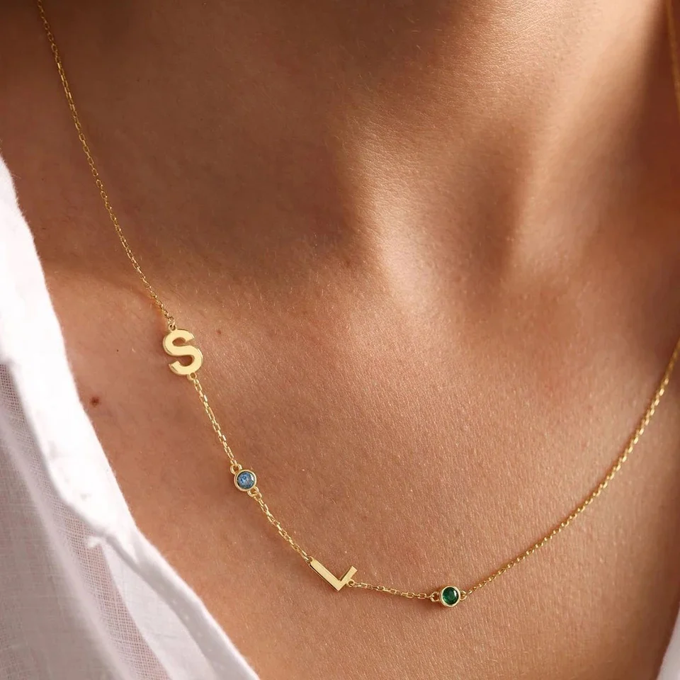 Custom Sideway Initial Birthstone Necklace - Image 3