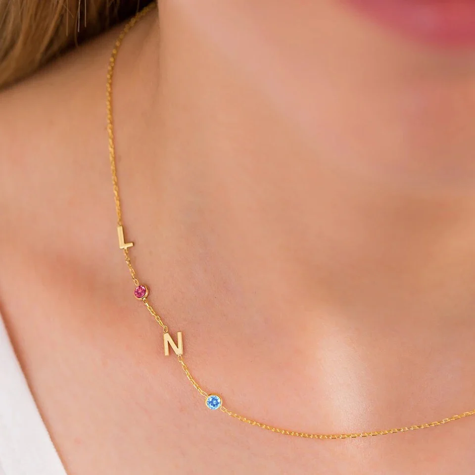 Custom Sideway Initial Birthstone Necklace - Image 7