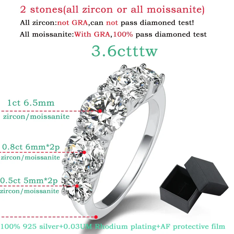 Moissanite 5 Stone Wedding Band Ring, 18k White Gold Plated, 3.6 CTTW - Image 5