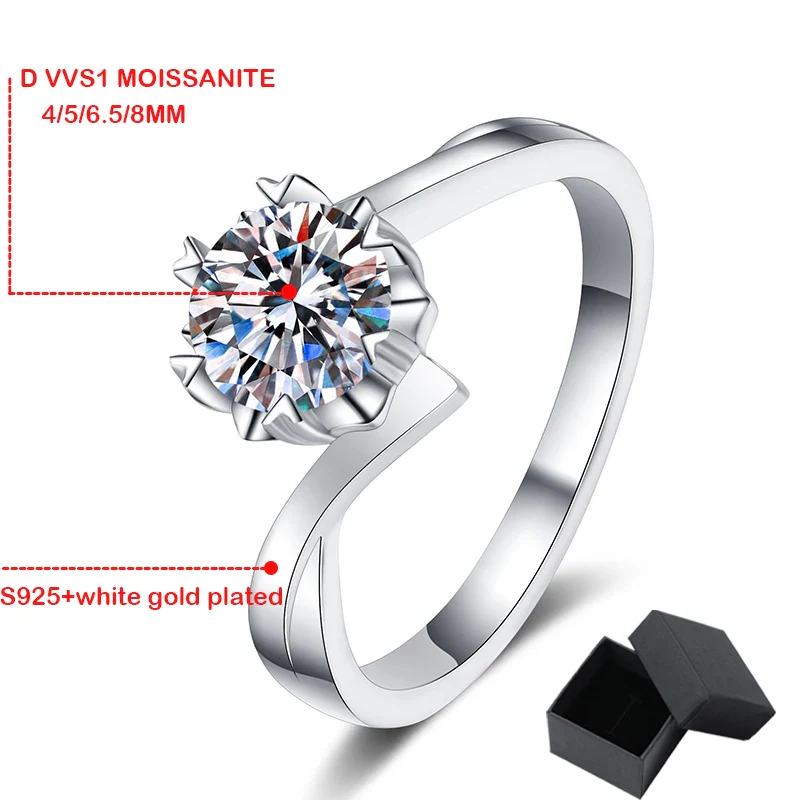 Moissanite Round Solitaire Snowflake Engagement Ring, 18k White Gold Plated, 0.3 to 2 Carat - Image 5