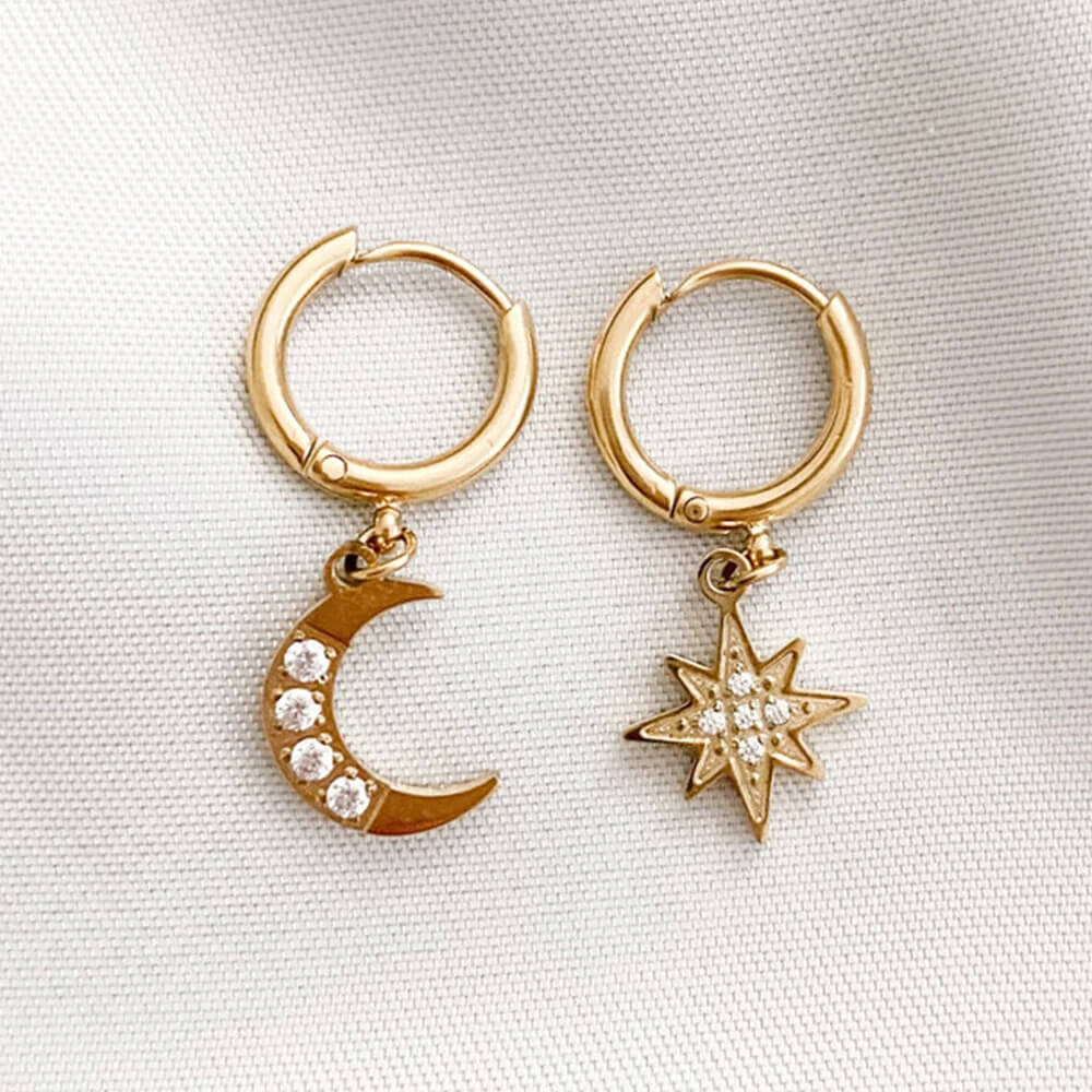 Star & Moon Drop Huggie Hoop Earrings - Image 4